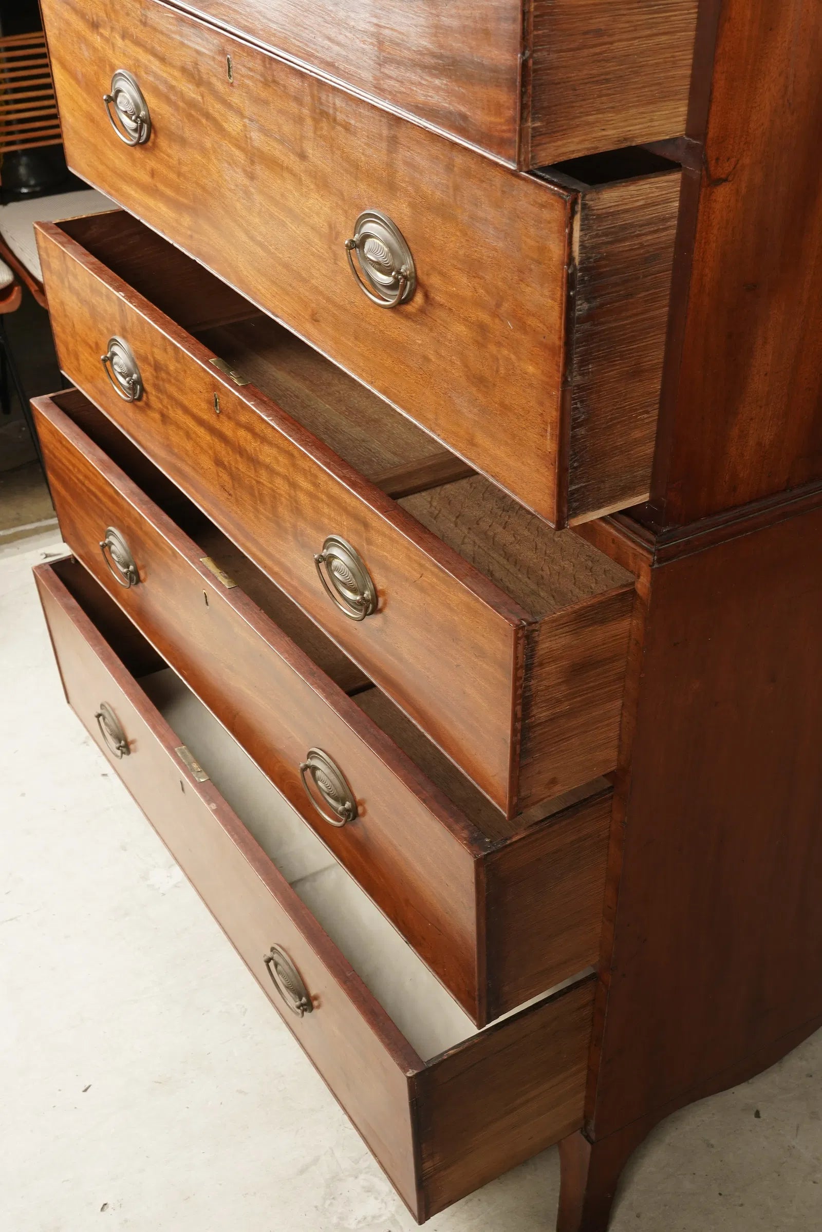 AF4-042: Antique American Federal Mahogany Hepplewhite Style Chest on Chest Circa 1800