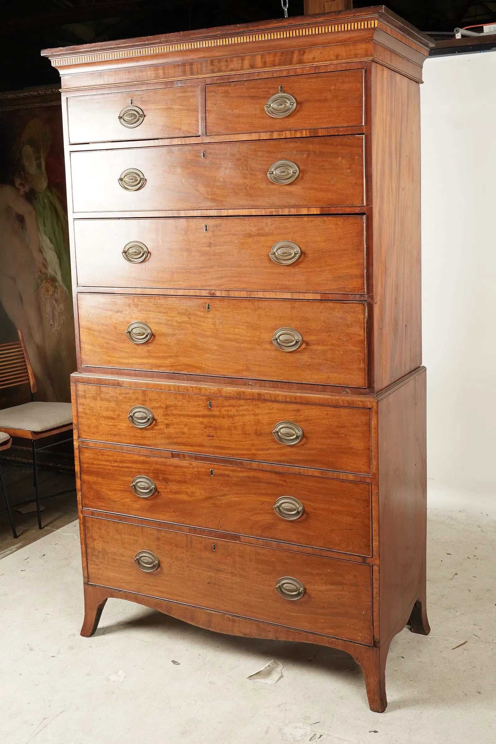 AF4-042: Antique American Federal Mahogany Hepplewhite Style Chest on Chest Circa 1800