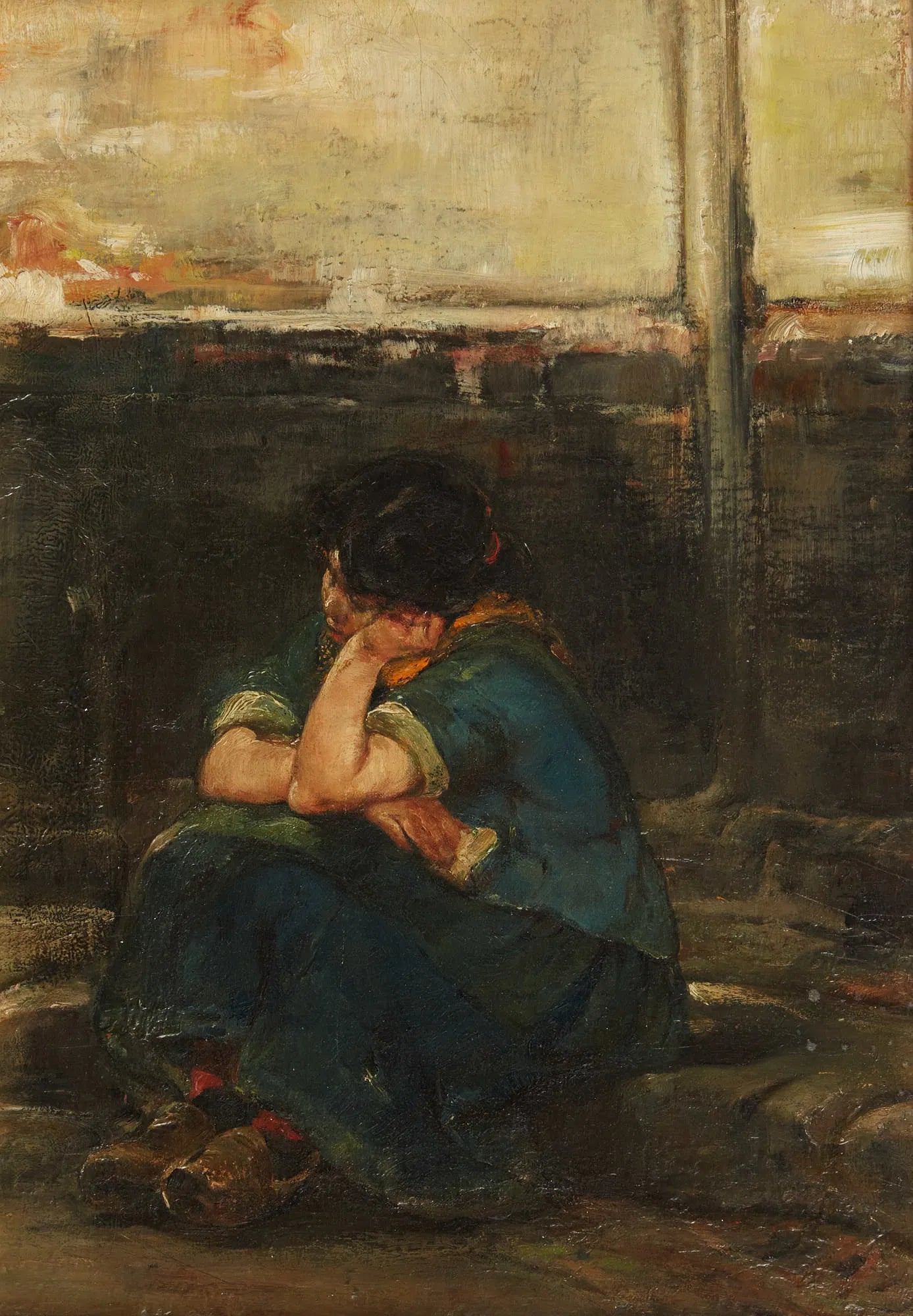 AW991:  Max Lieberman Oil on Board Painting Forlorn Woman at Curbside