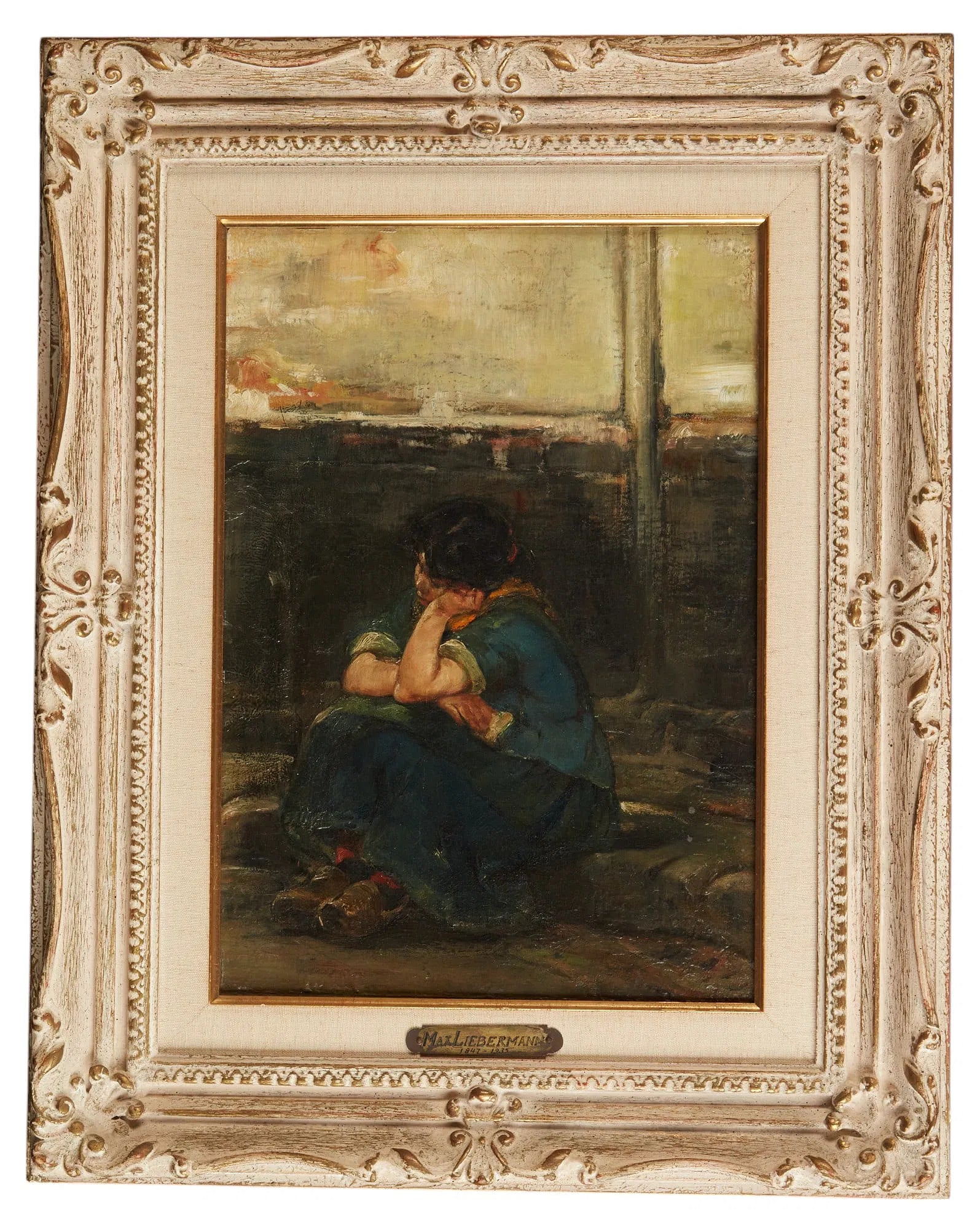 AW991:  Max Lieberman Oil on Board Painting Forlorn Woman at Curbside