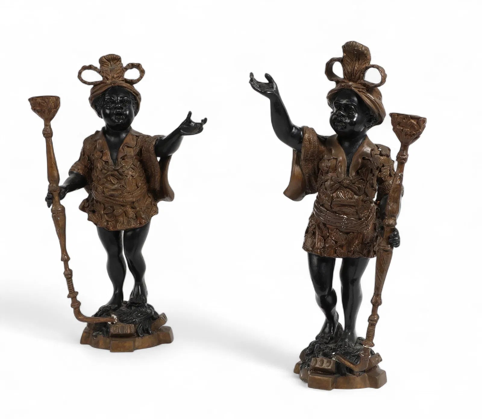 DA2-036: Antique Pair of Venetian Rococo Style Patinated Bronze Blackmoor Candle Holders