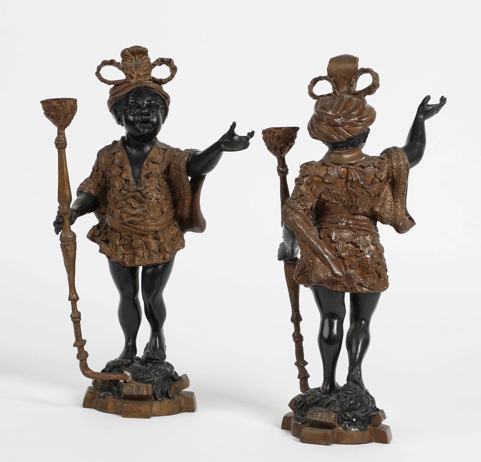 DA2-036: Antique Pair of Venetian Rococo Style Patinated Bronze Blackmoor Candle Holders