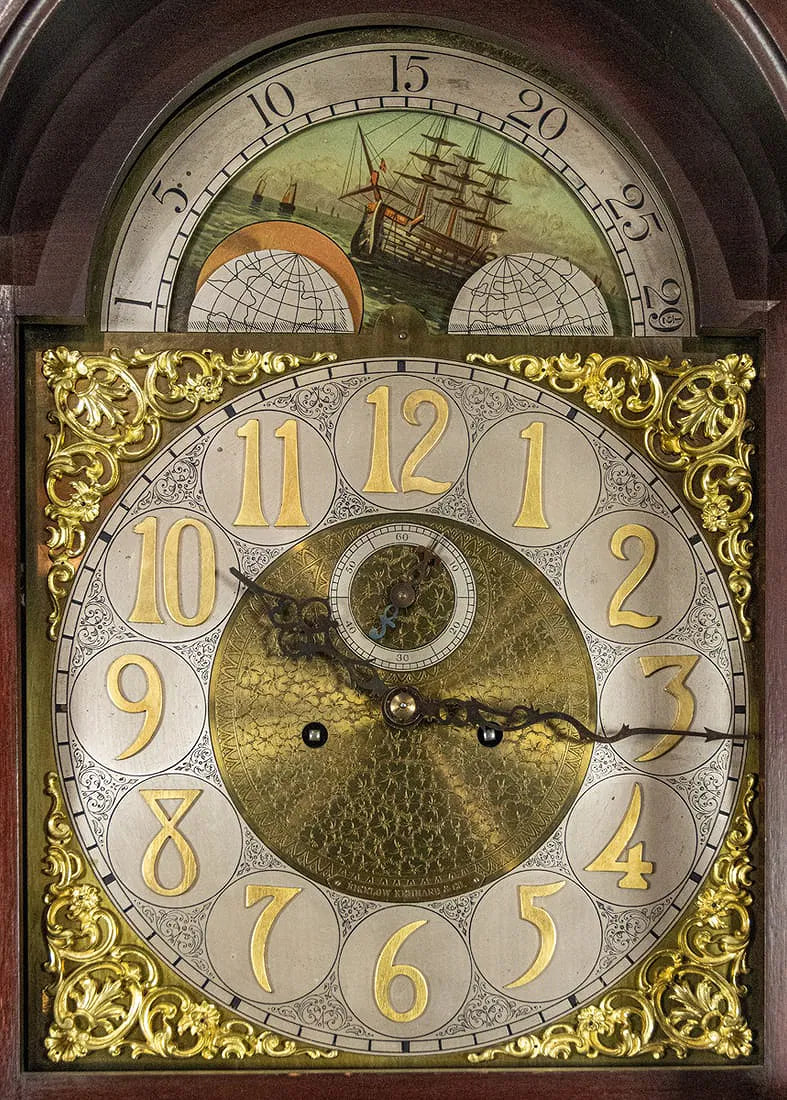 TK1-016: Antique Bigelow and Kennard Mahogany Tall Case Clock Late 19th Century