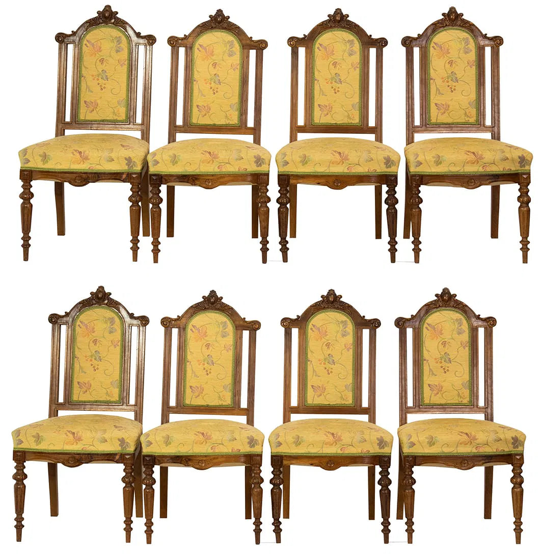 Antique French Victorian Carved Walnut Dining Chairs Set of Eight | Work of Man