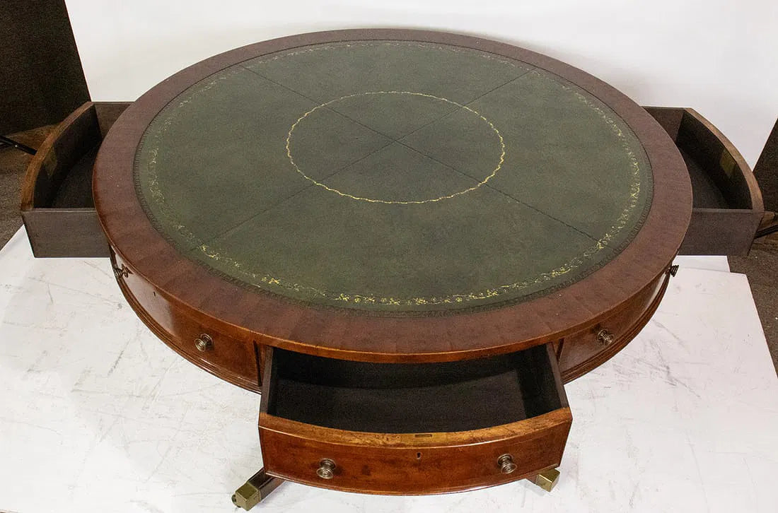 AF1-166: Antique English Regency Yew Wood Drum Rent Table Circa 1920's