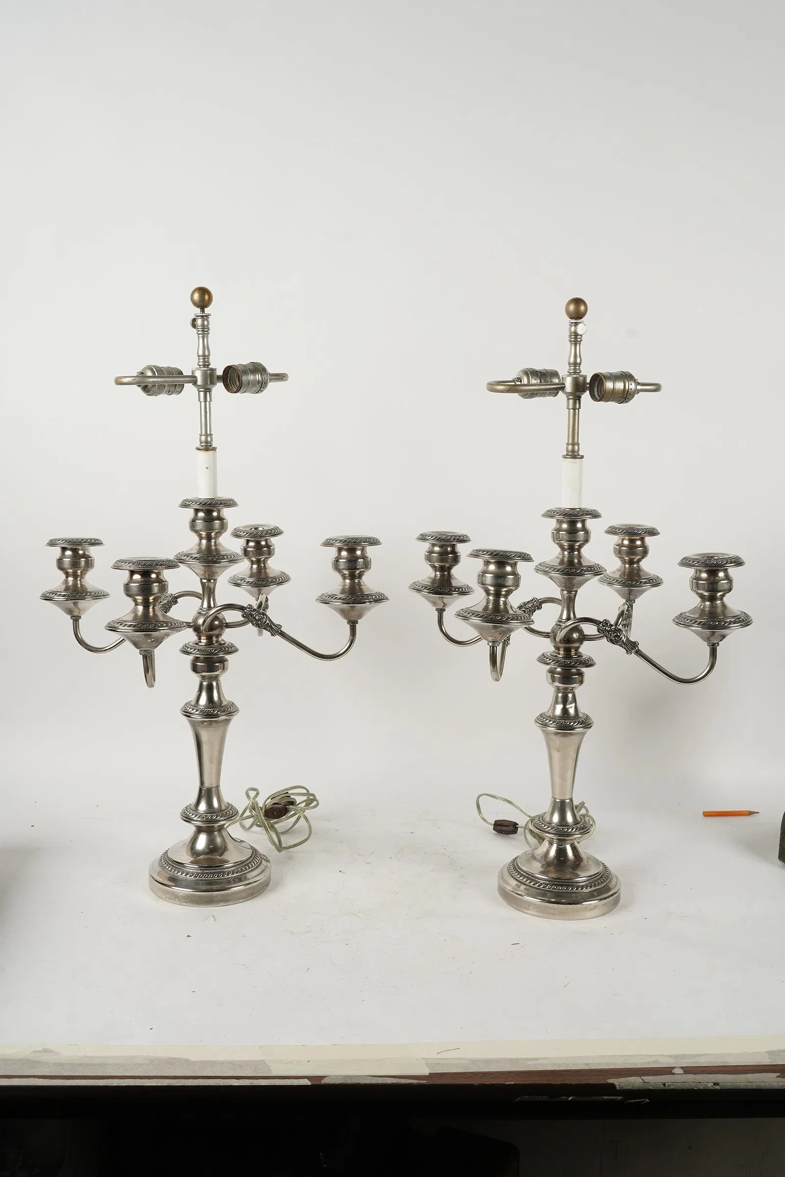 AL2-055: Antique Pair of Circa 1900 Sheffield Plated Candelabra Converted to Table Lamps