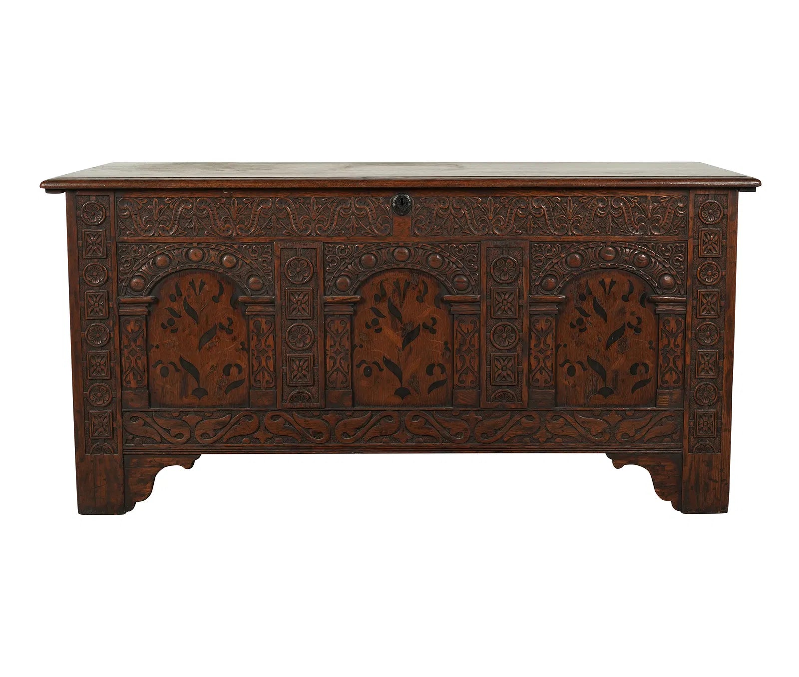 AF4-043: Antique Carved Oak Jacobean Style Blanket Chest With Marquetry Design Late 19th Century