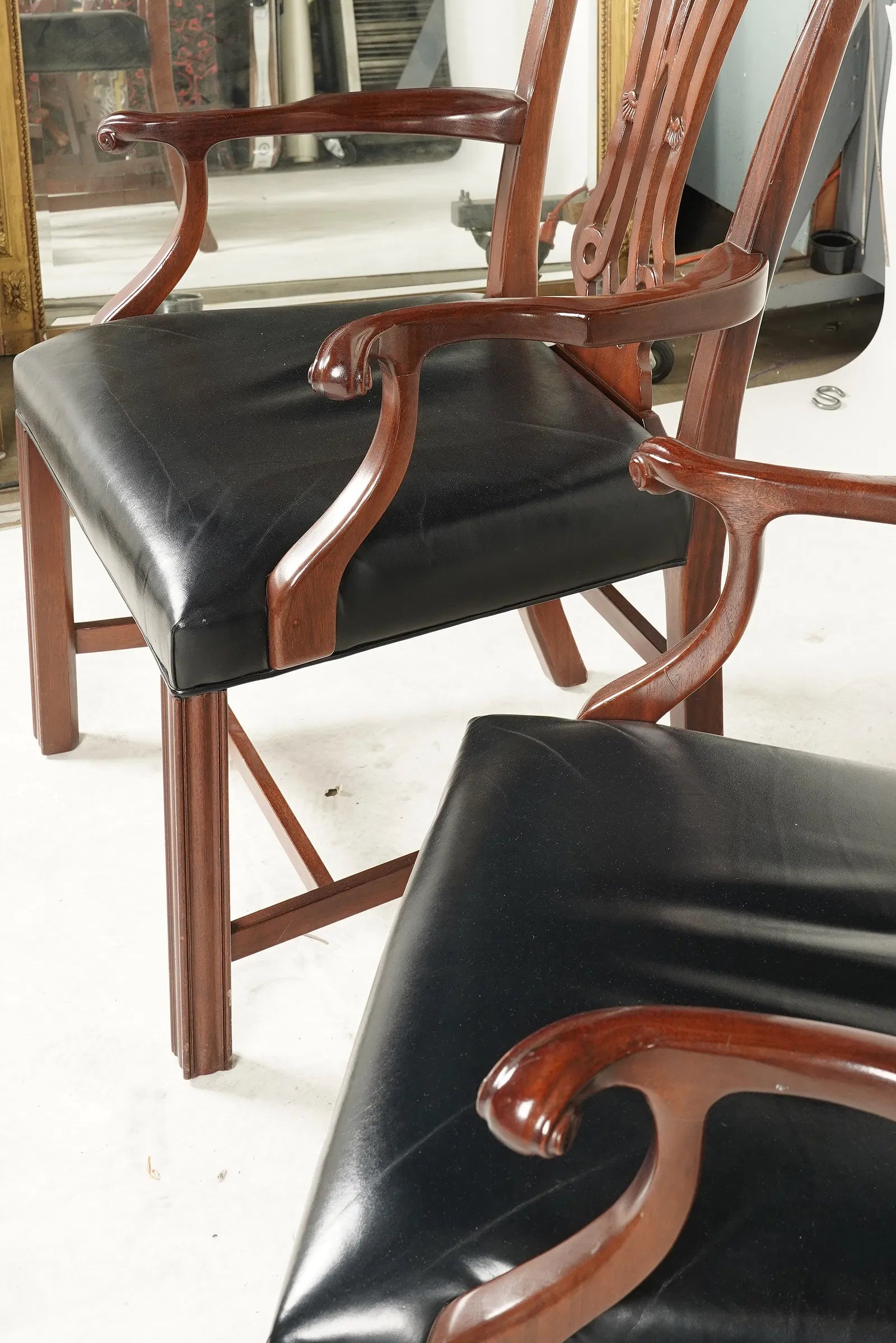 AF2-096: Vintage Pair of English Chippendale Style Carved Mahogany Arm Chairs