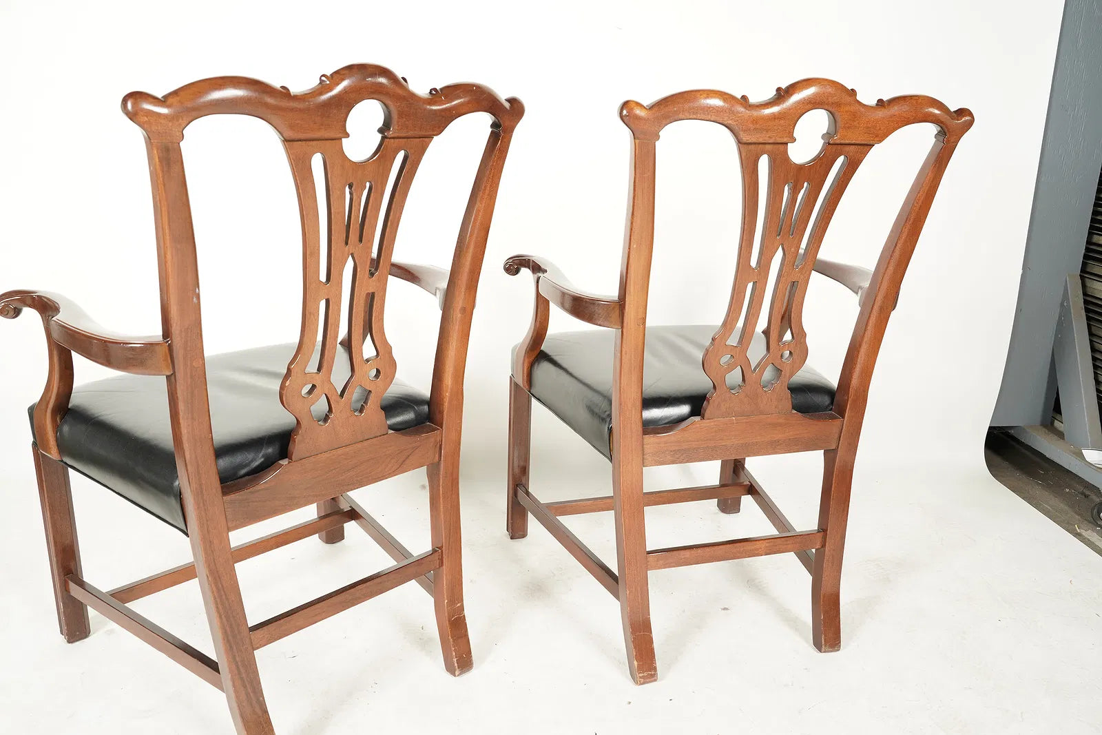 AF2-096: Vintage Pair of English Chippendale Style Carved Mahogany Arm Chairs
