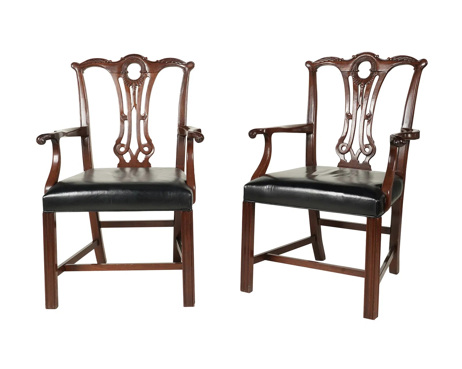 AF2-096: Vintage Pair of English Chippendale Style Carved Mahogany Arm Chairs