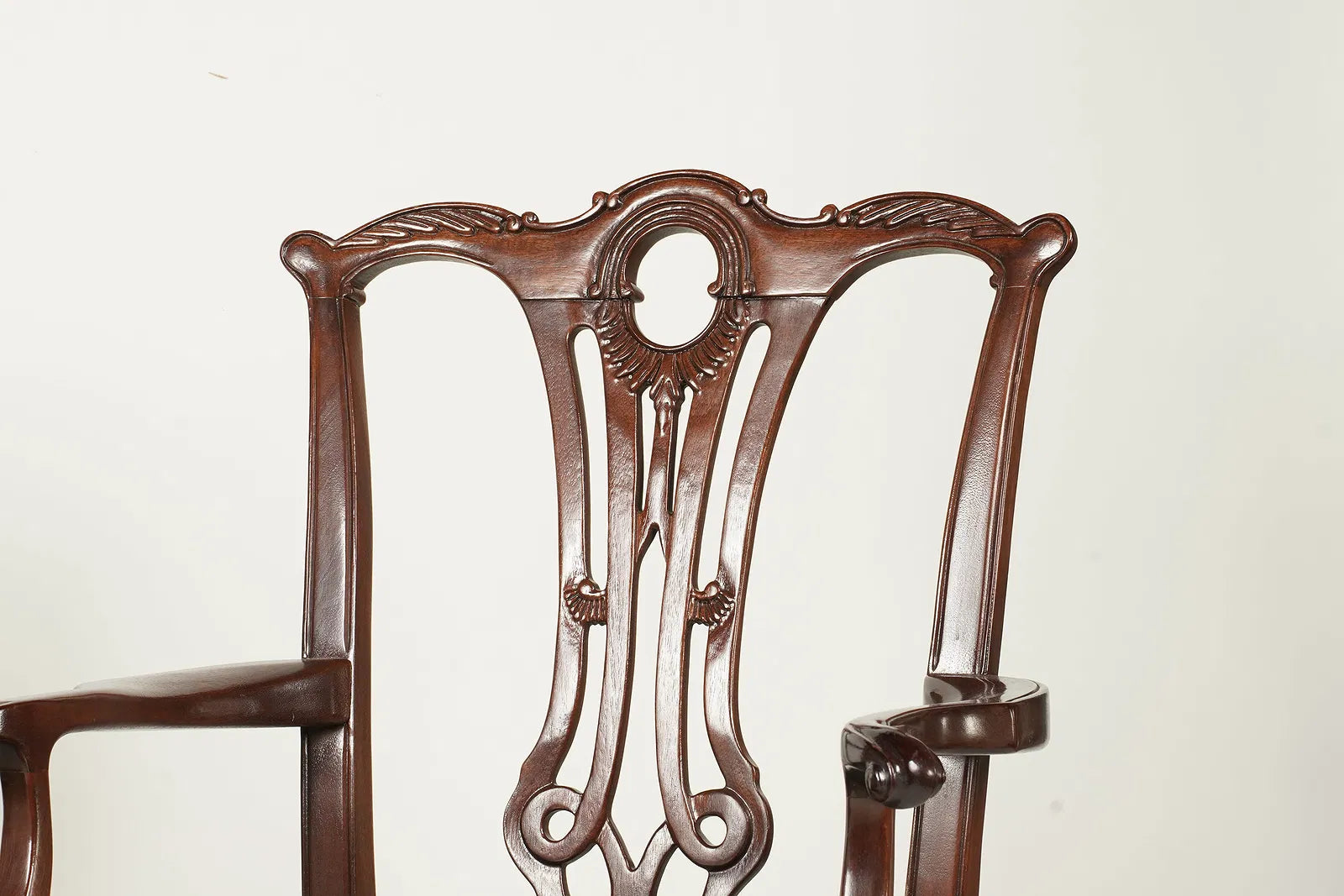 AF2-096: Vintage Pair of English Chippendale Style Carved Mahogany Arm Chairs