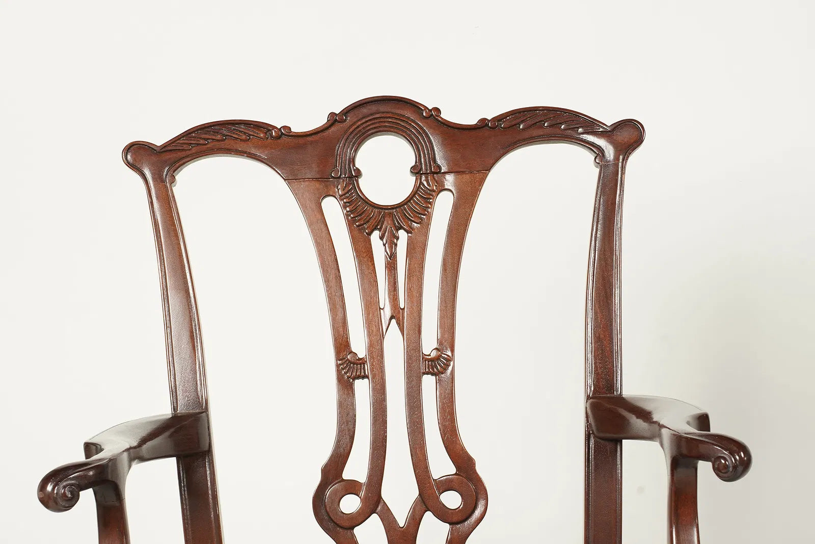 AF2-096: Vintage Pair of English Chippendale Style Carved Mahogany Arm Chairs