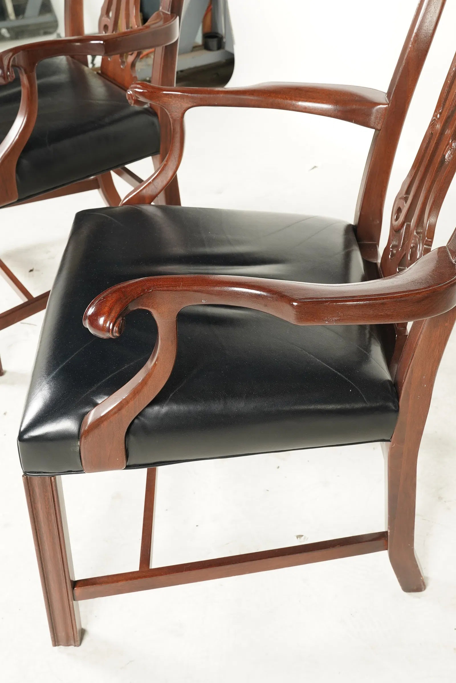 AF2-096: Vintage Pair of English Chippendale Style Carved Mahogany Arm Chairs