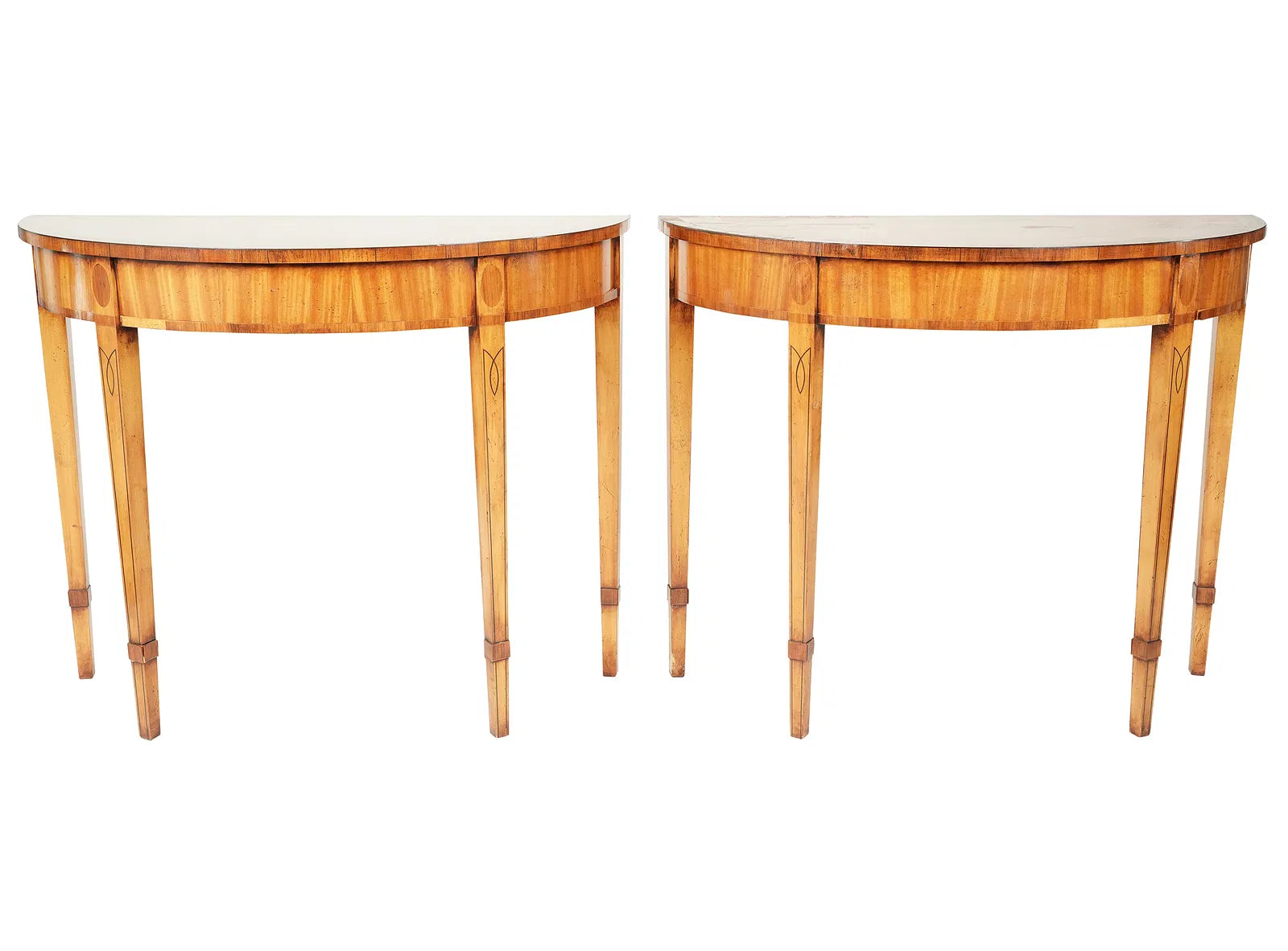 Antique Pair Neoclassical Inlaid Satinwood Demilune Console Tables Early 20th Century | Work of Man