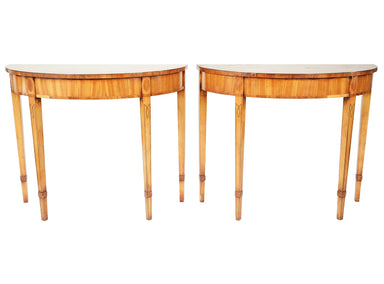 Antique Pair Neoclassical Inlaid Satinwood Demilune Console Tables Early 20th Century | Work of Man