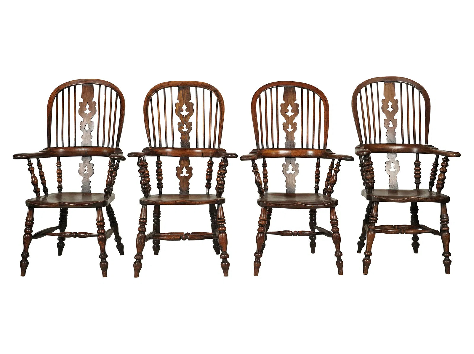 Antique Yew Wood & Elm American Sack Back Windsor Armchairs Set of Four Mid 19th Century | Work of Man