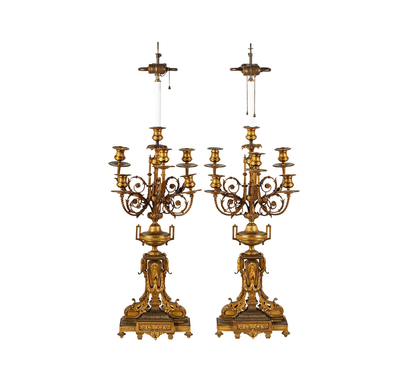 AL2-060: Antique French Louis XV Fire Gilt Bronze Candleabra Converted to Lamps Late 18th Century