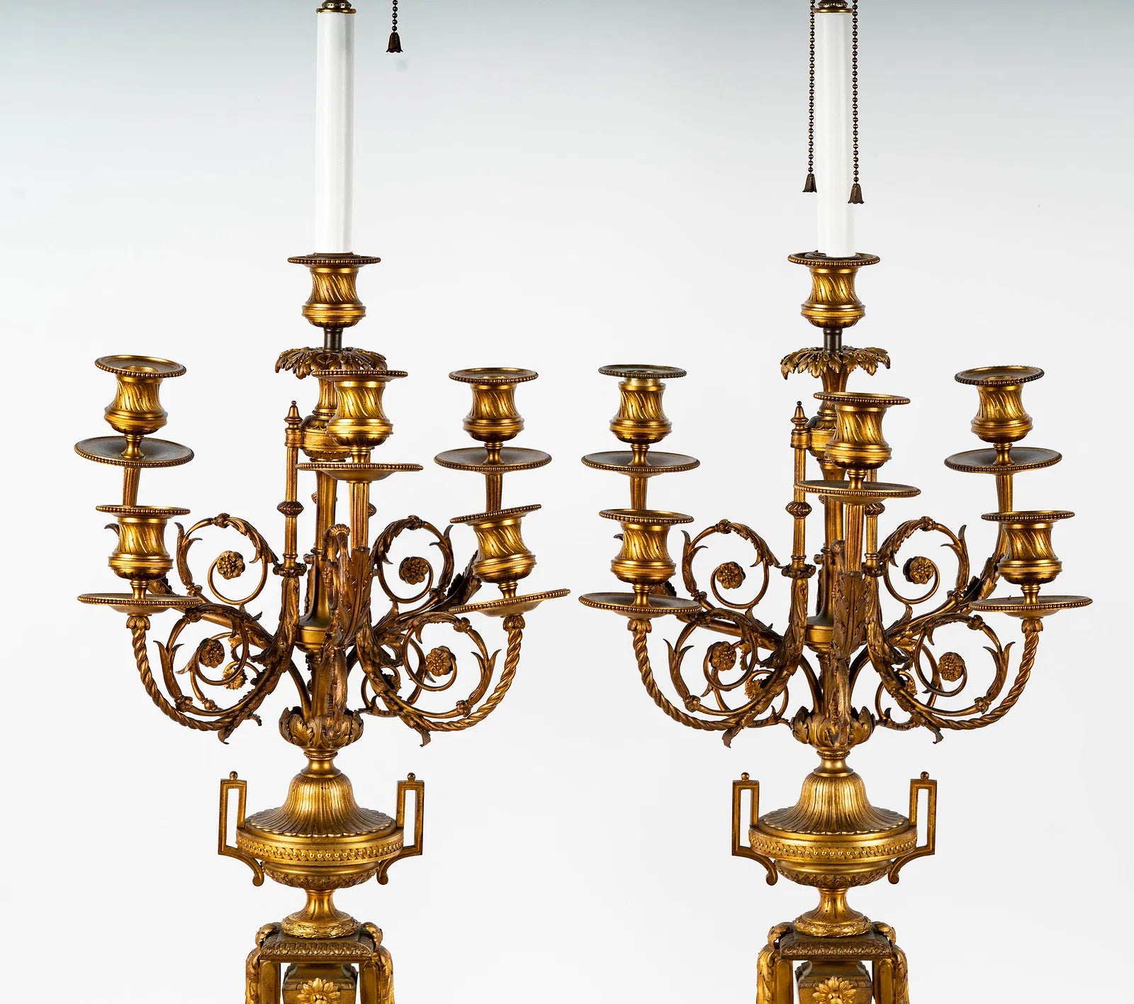 AL2-060: Antique French Louis XV Fire Gilt Bronze Candleabra Converted to Lamps Late 18th Century