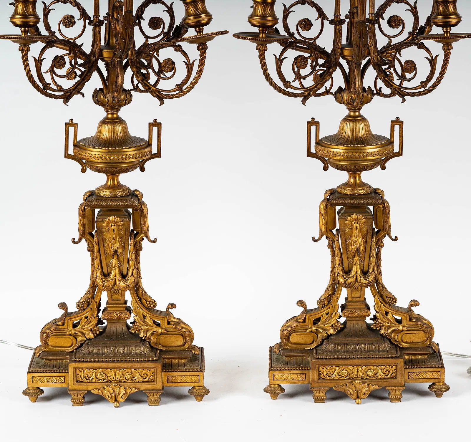AL2-060: Antique French Louis XV Fire Gilt Bronze Candleabra Converted to Lamps Late 18th Century