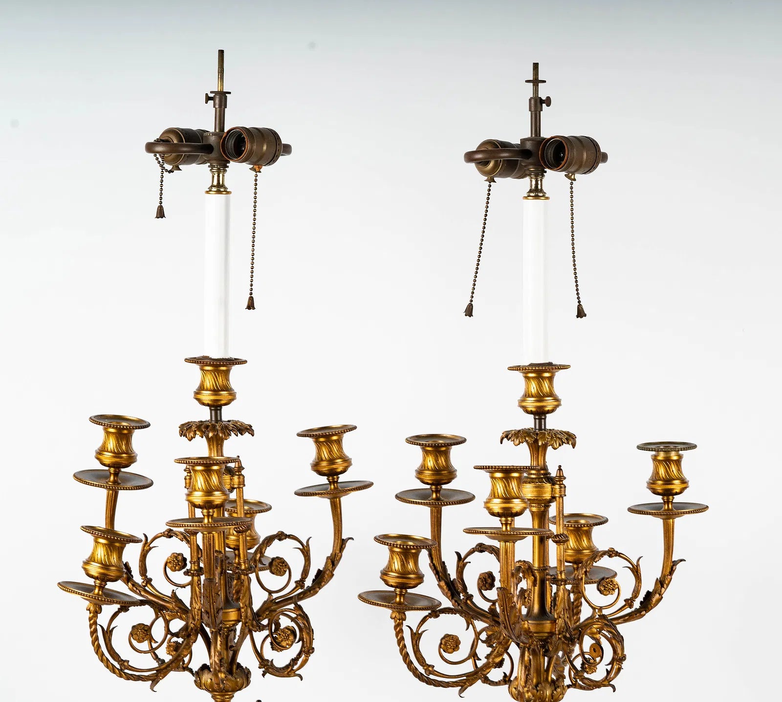 AL2-060: Antique French Louis XV Fire Gilt Bronze Candleabra Converted to Lamps Late 18th Century
