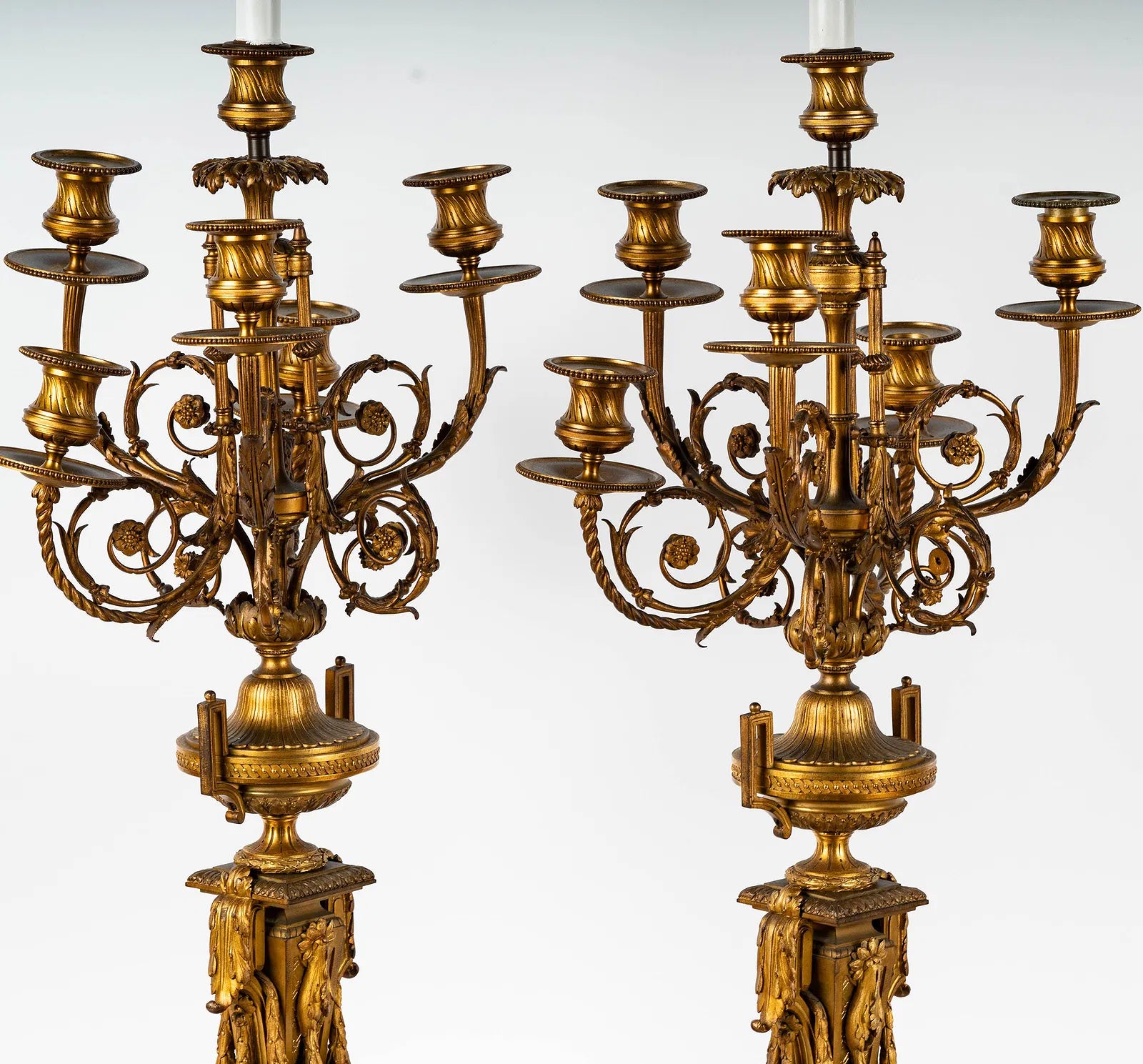 AL2-060: Antique French Louis XV Fire Gilt Bronze Candleabra Converted to Lamps Late 18th Century