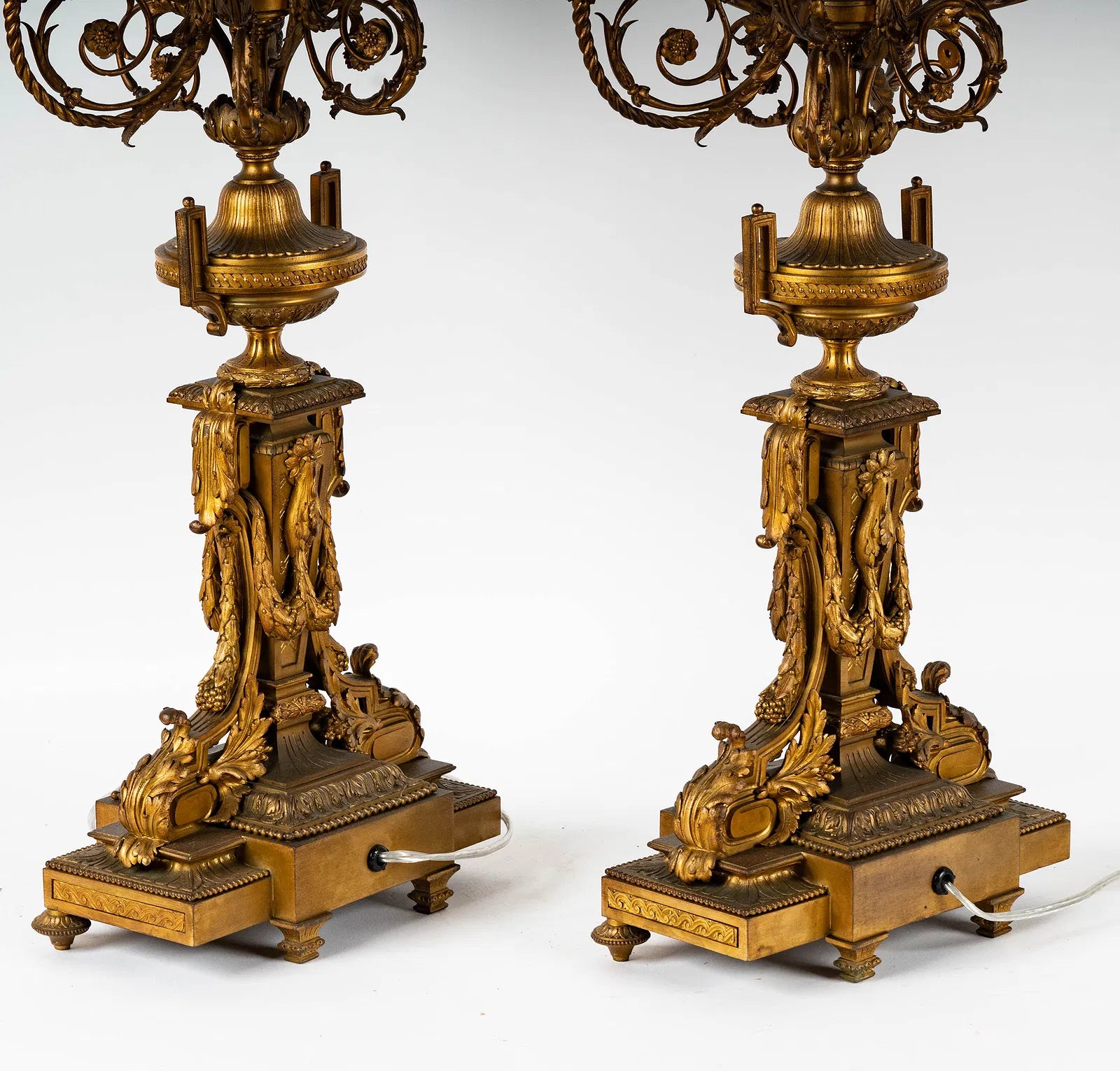 AL2-060: Antique French Louis XV Fire Gilt Bronze Candleabra Converted to Lamps Late 18th Century