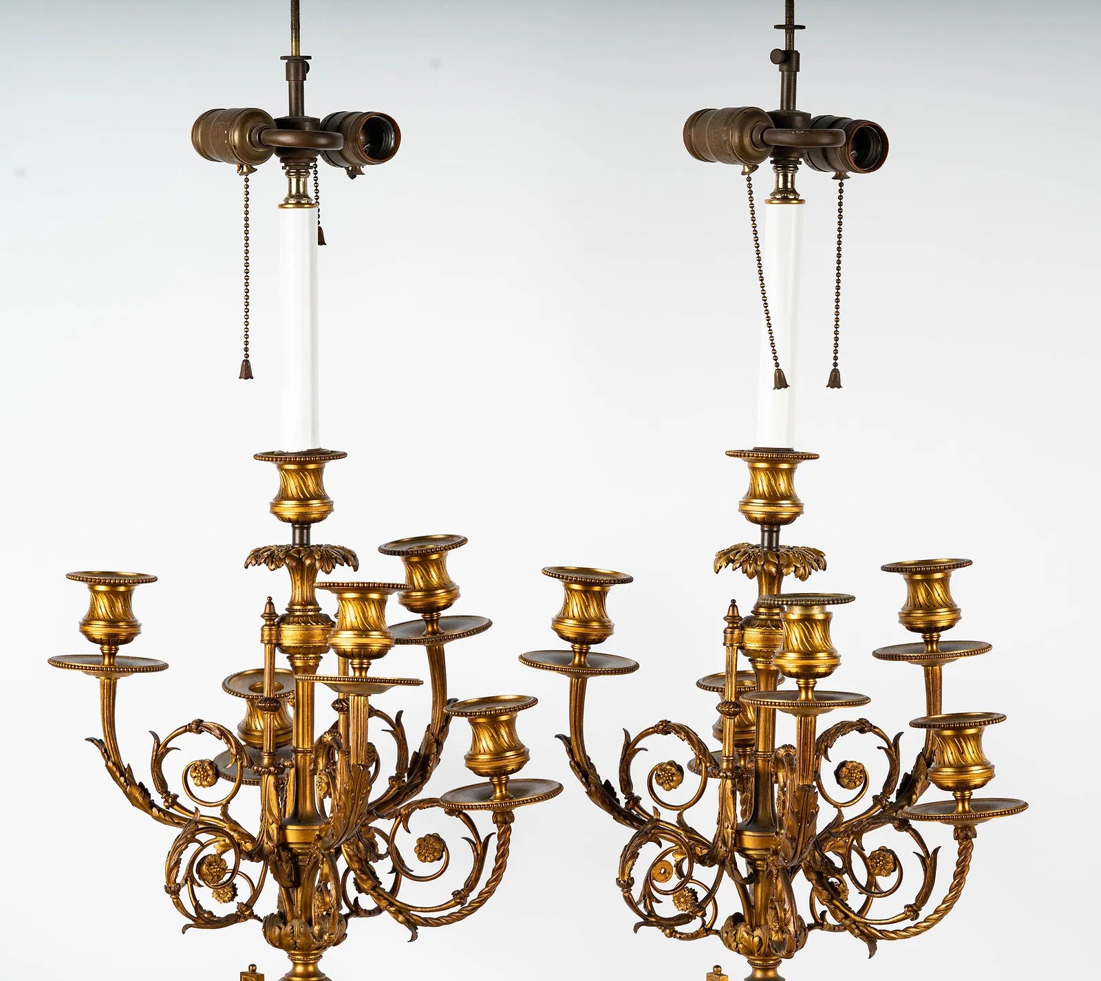 AL2-060: Antique French Louis XV Fire Gilt Bronze Candleabra Converted to Lamps Late 18th Century