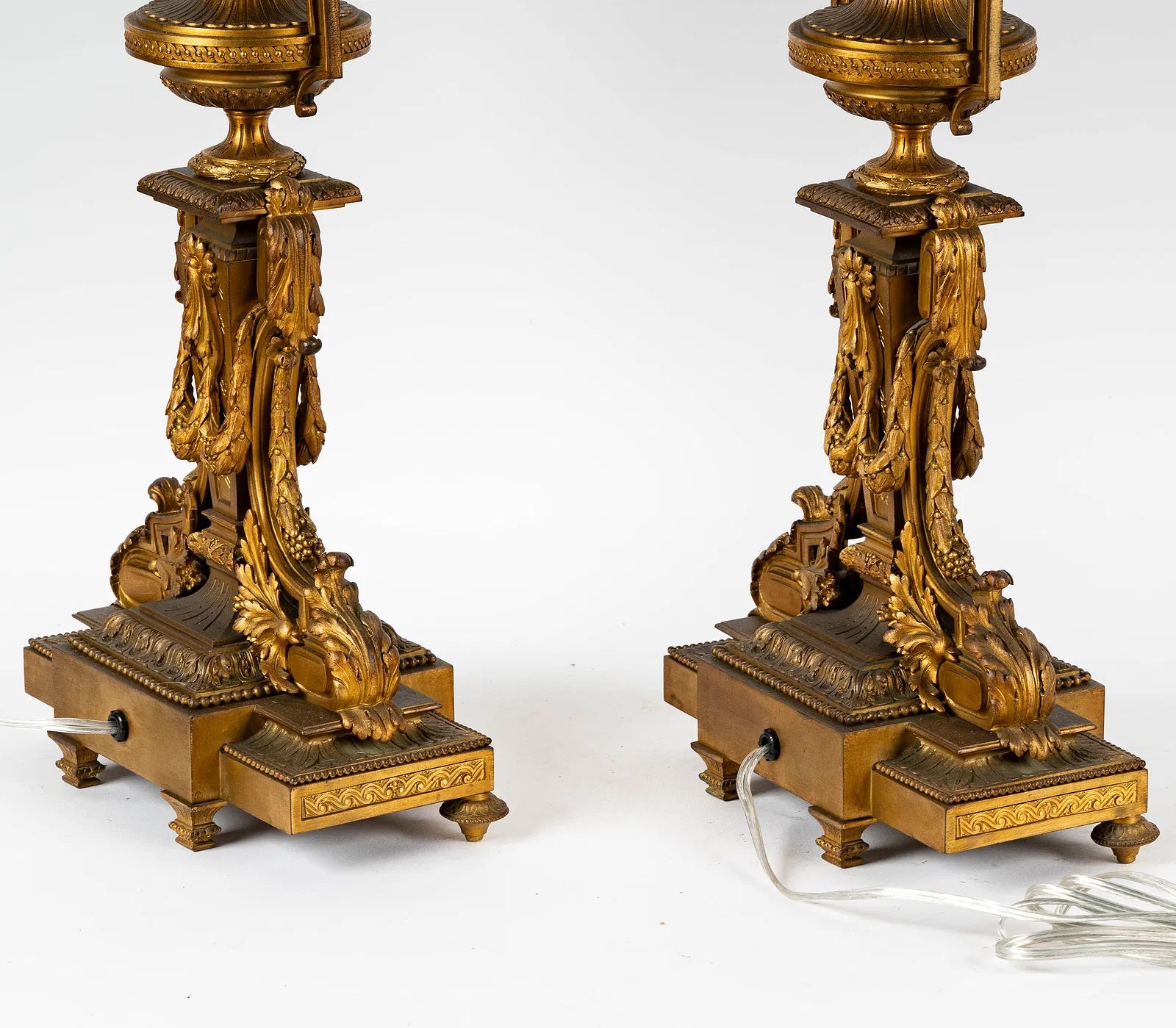 AL2-060: Antique French Louis XV Fire Gilt Bronze Candleabra Converted to Lamps Late 18th Century