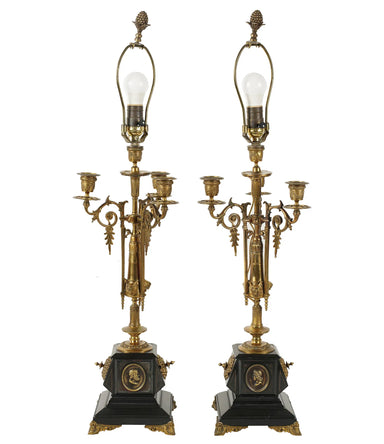 Antique French Directoire Fire Gilt Bronze Candleabra Converted to Lamps Late 19th Century |Work of Man