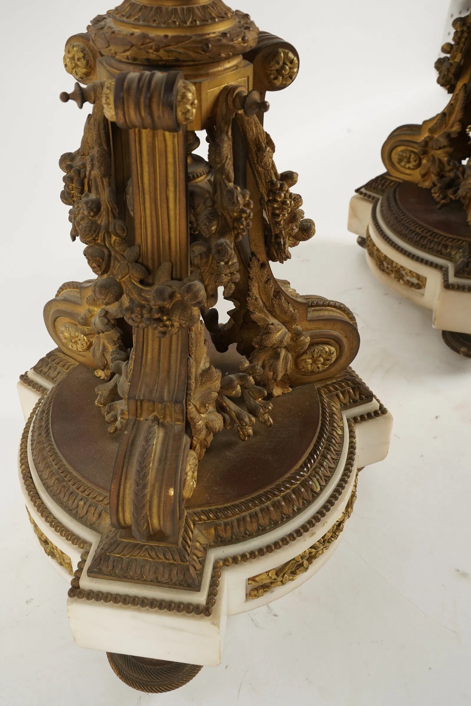 DA2-041: Antique Pair Louis XVI Fire Gilt Bronze and White Marble Candleabra