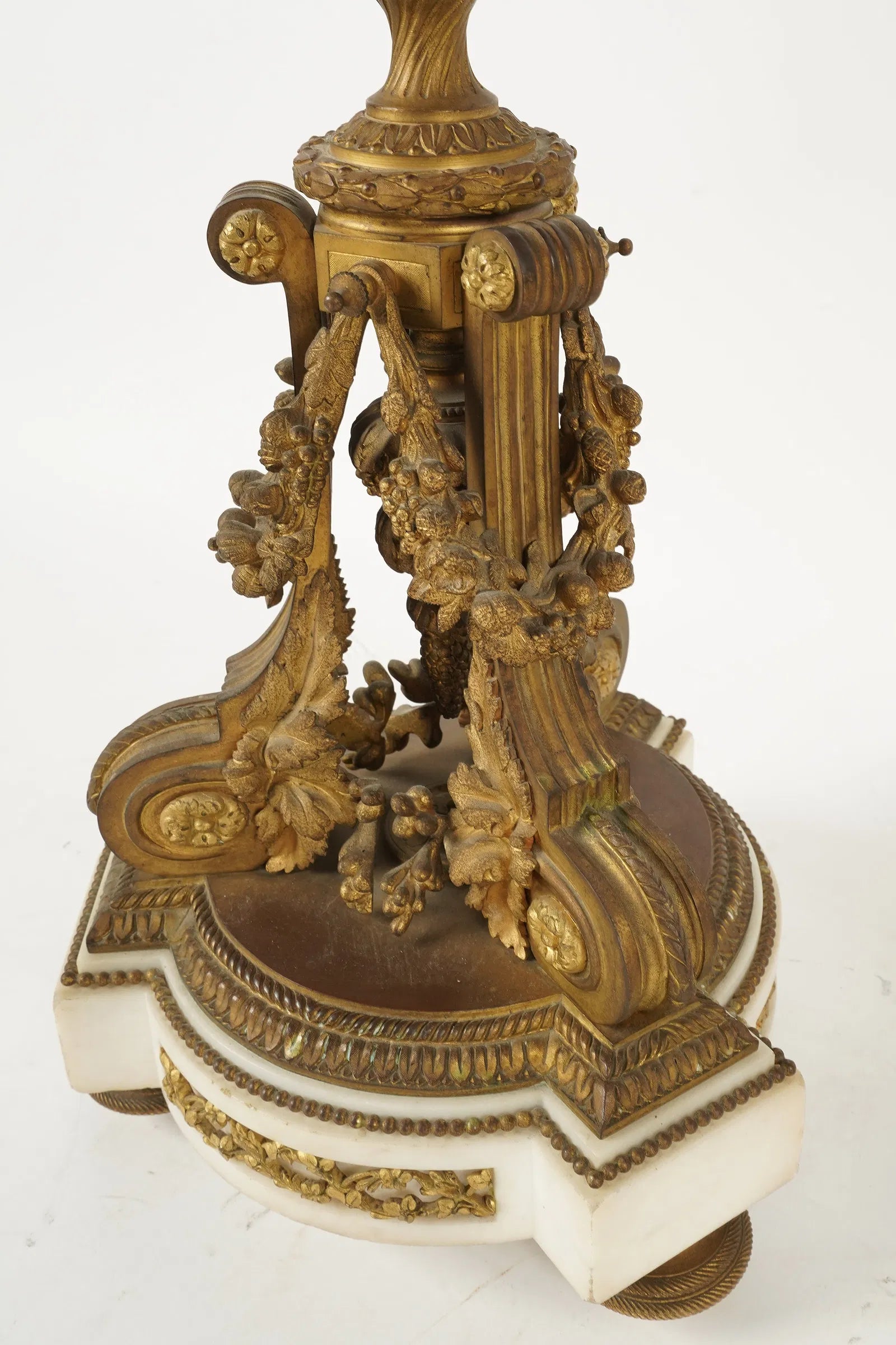 DA2-041: Antique Pair Louis XVI Fire Gilt Bronze and White Marble Candleabra