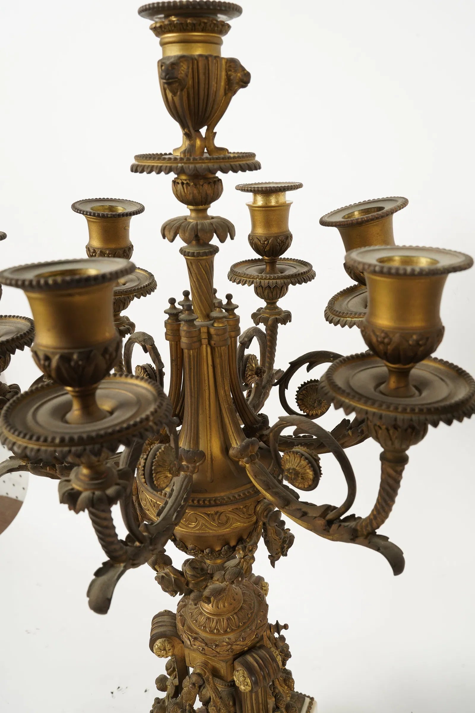 DA2-041: Antique Pair Louis XVI Fire Gilt Bronze and White Marble Candleabra