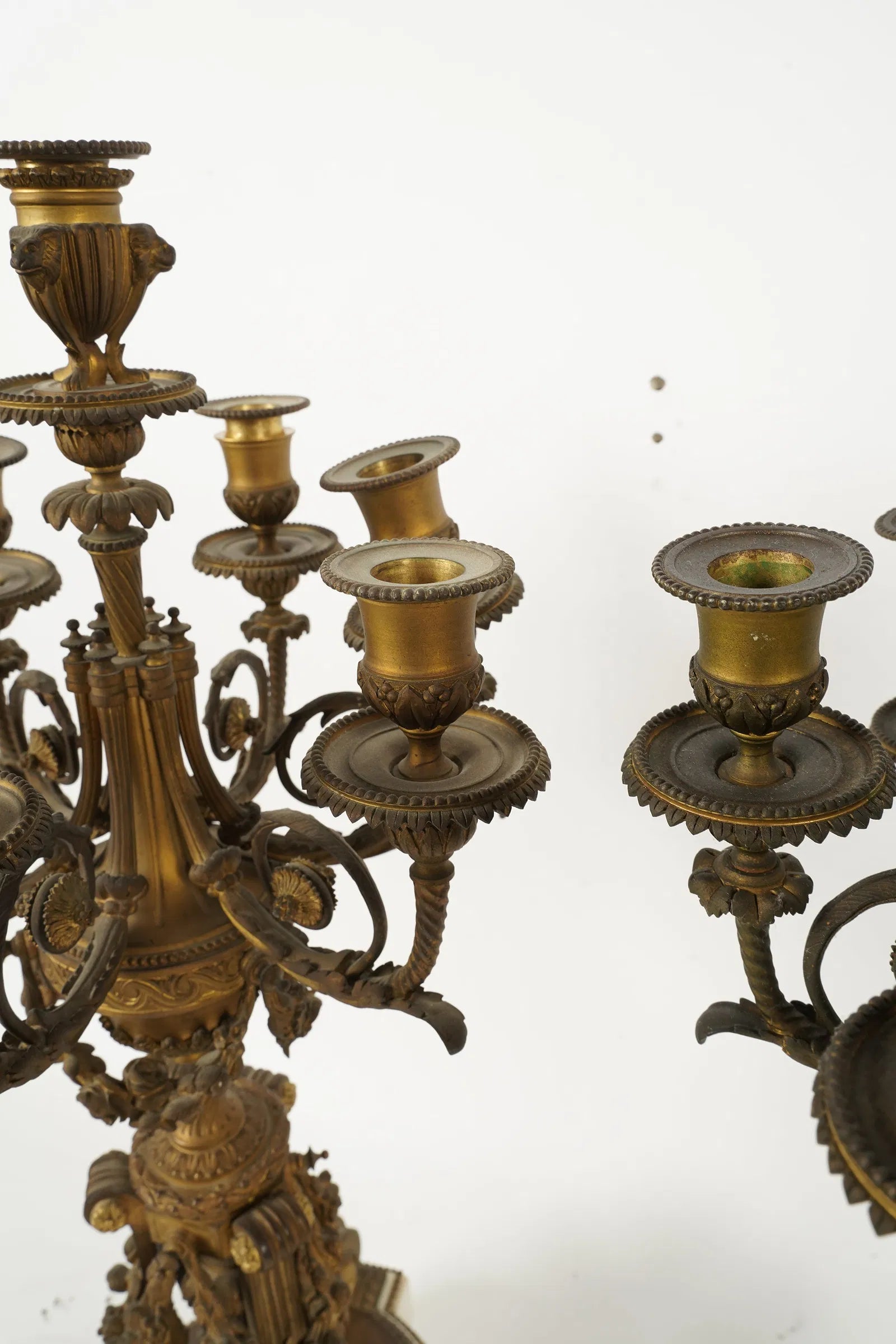 DA2-041: Antique Pair Louis XVI Fire Gilt Bronze and White Marble Candleabra