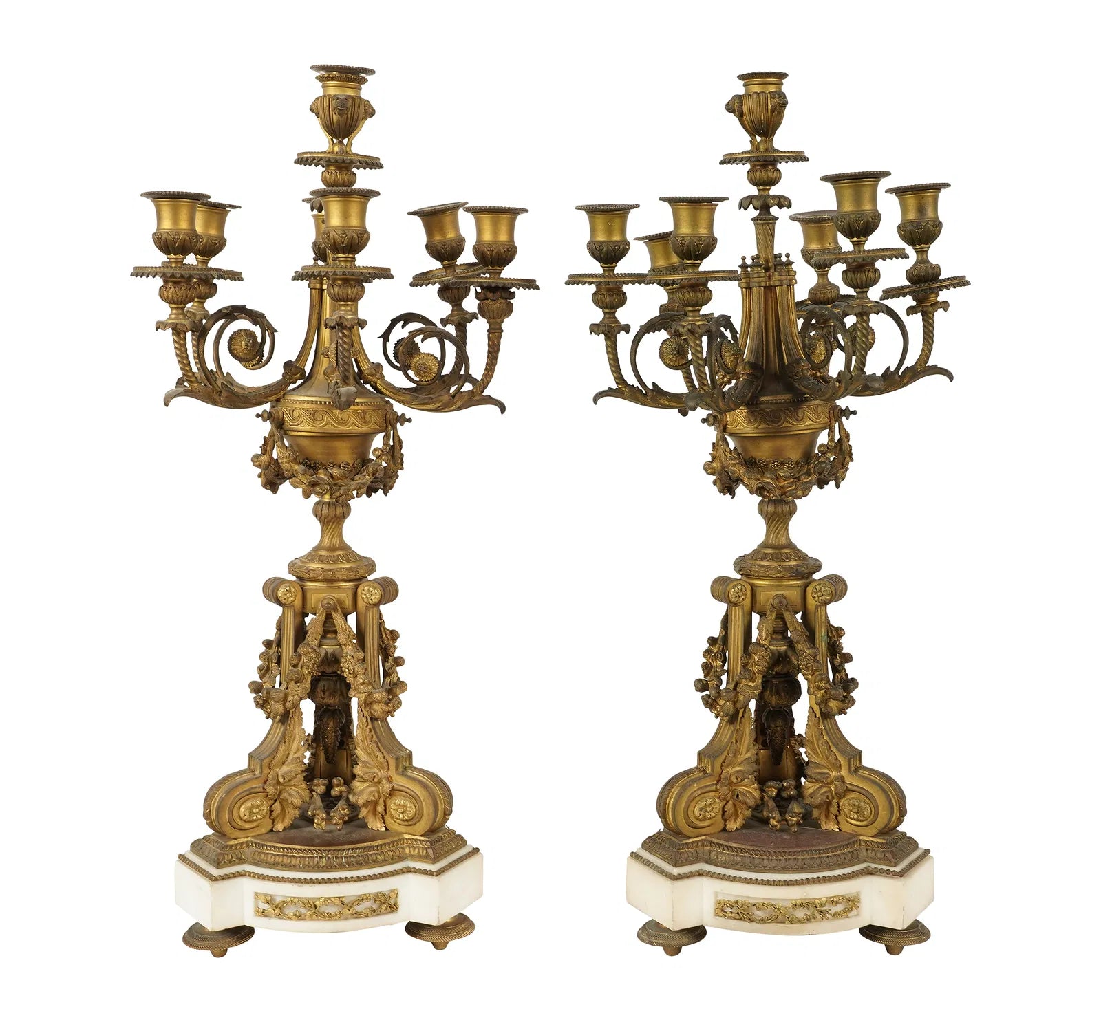 Antique Pair Louis XVI Fire Gilt Bronze and White Marble Candleabra | Work of Man