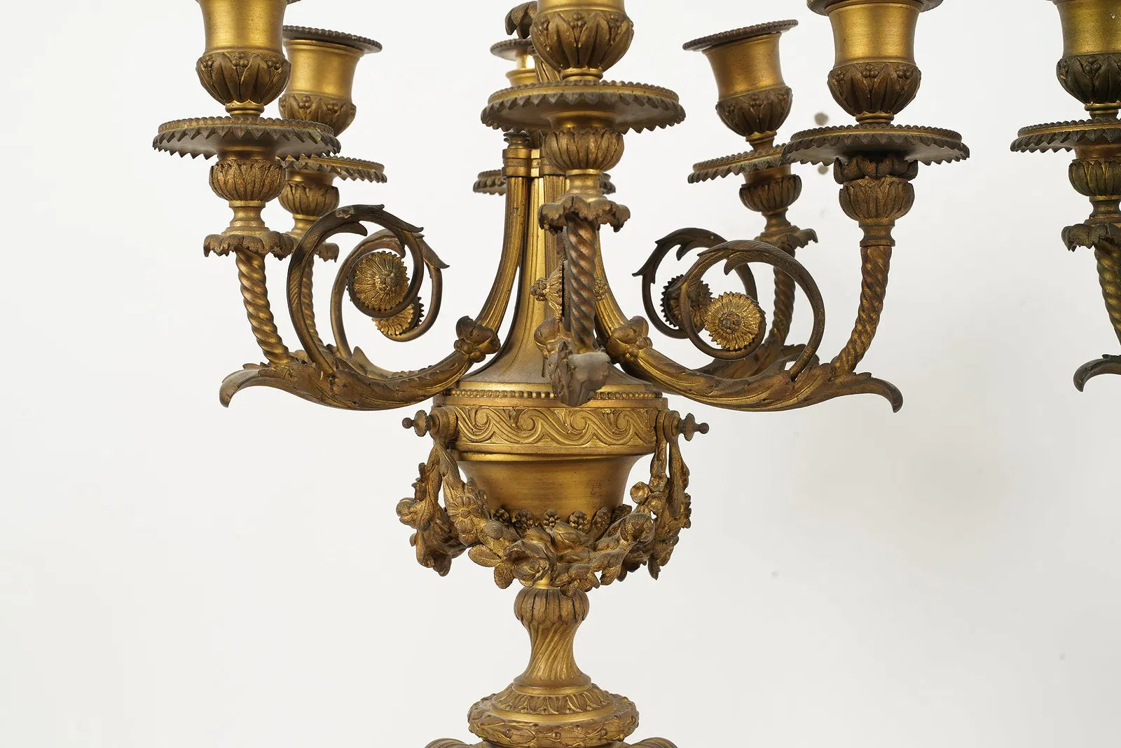 DA2-041: Antique Pair Louis XVI Fire Gilt Bronze and White Marble Candleabra