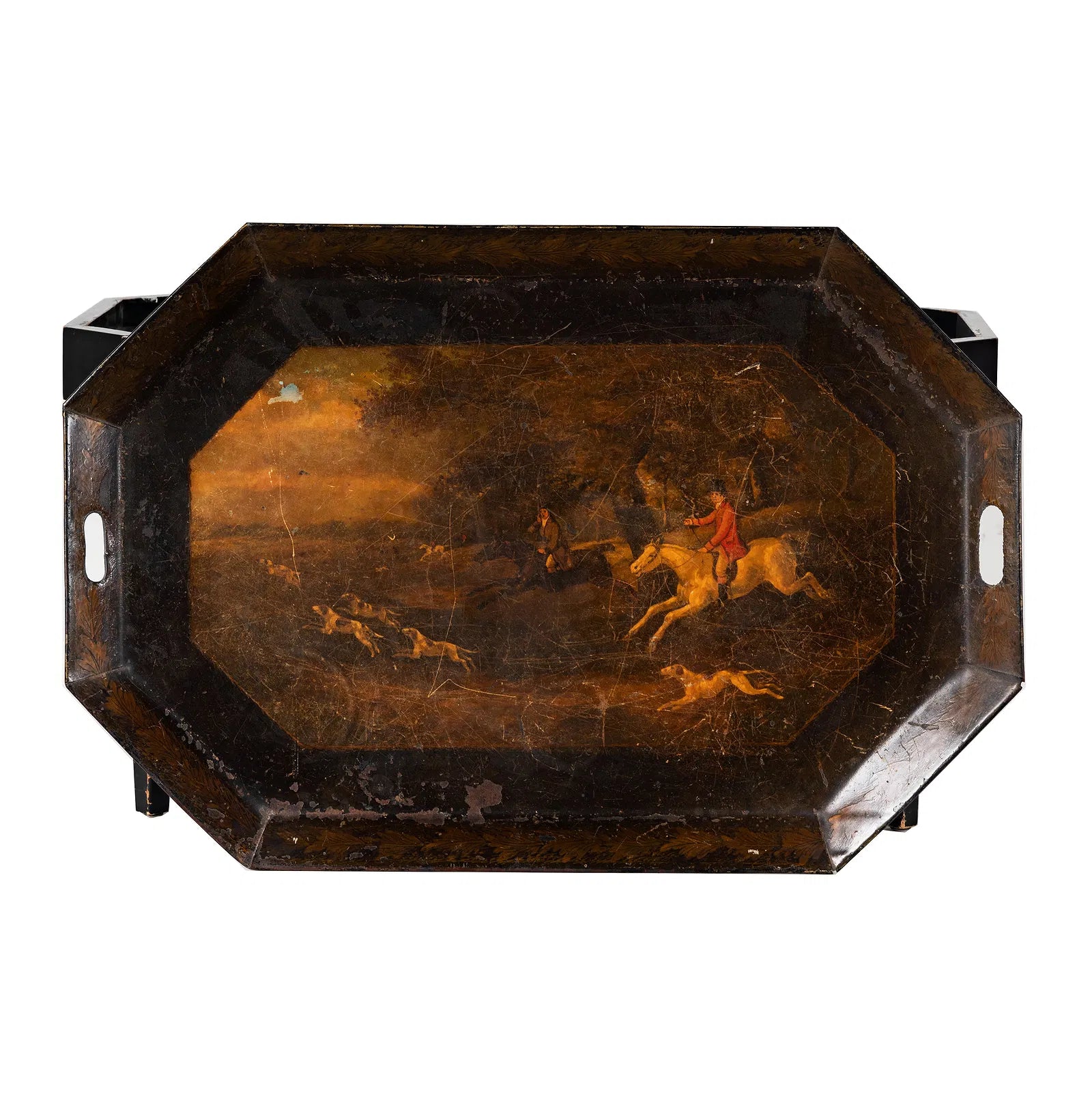 AF1-183: Antique English Tole Tray Table With Hand Painted Fox Hunt Scene Early 19th Century