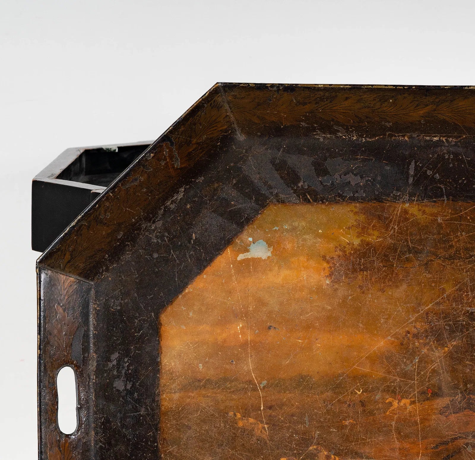 AF1-183: Antique English Tole Tray Table With Hand Painted Fox Hunt Scene Early 19th Century
