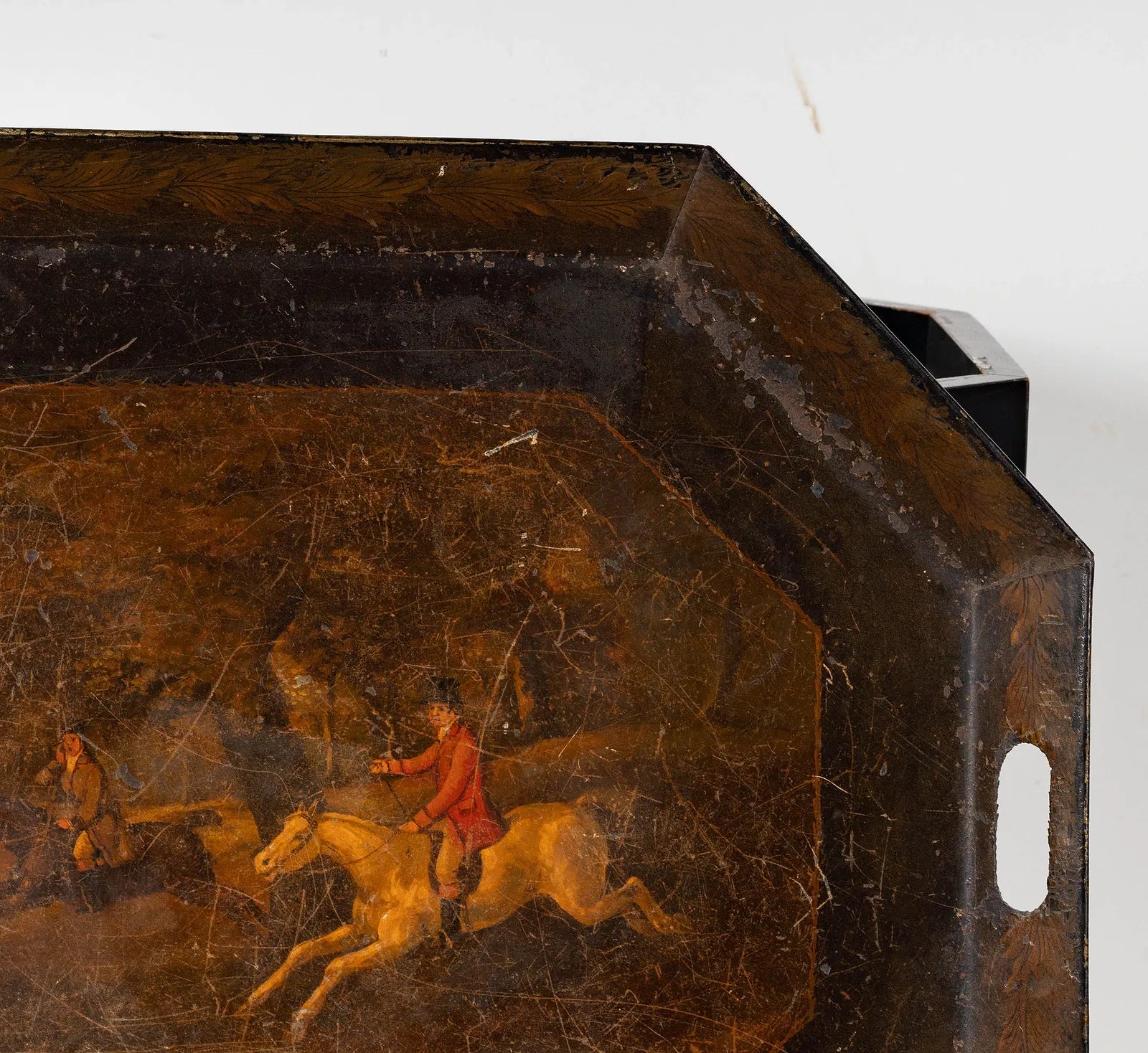 AF1-183: Antique English Tole Tray Table With Hand Painted Fox Hunt Scene Early 19th Century