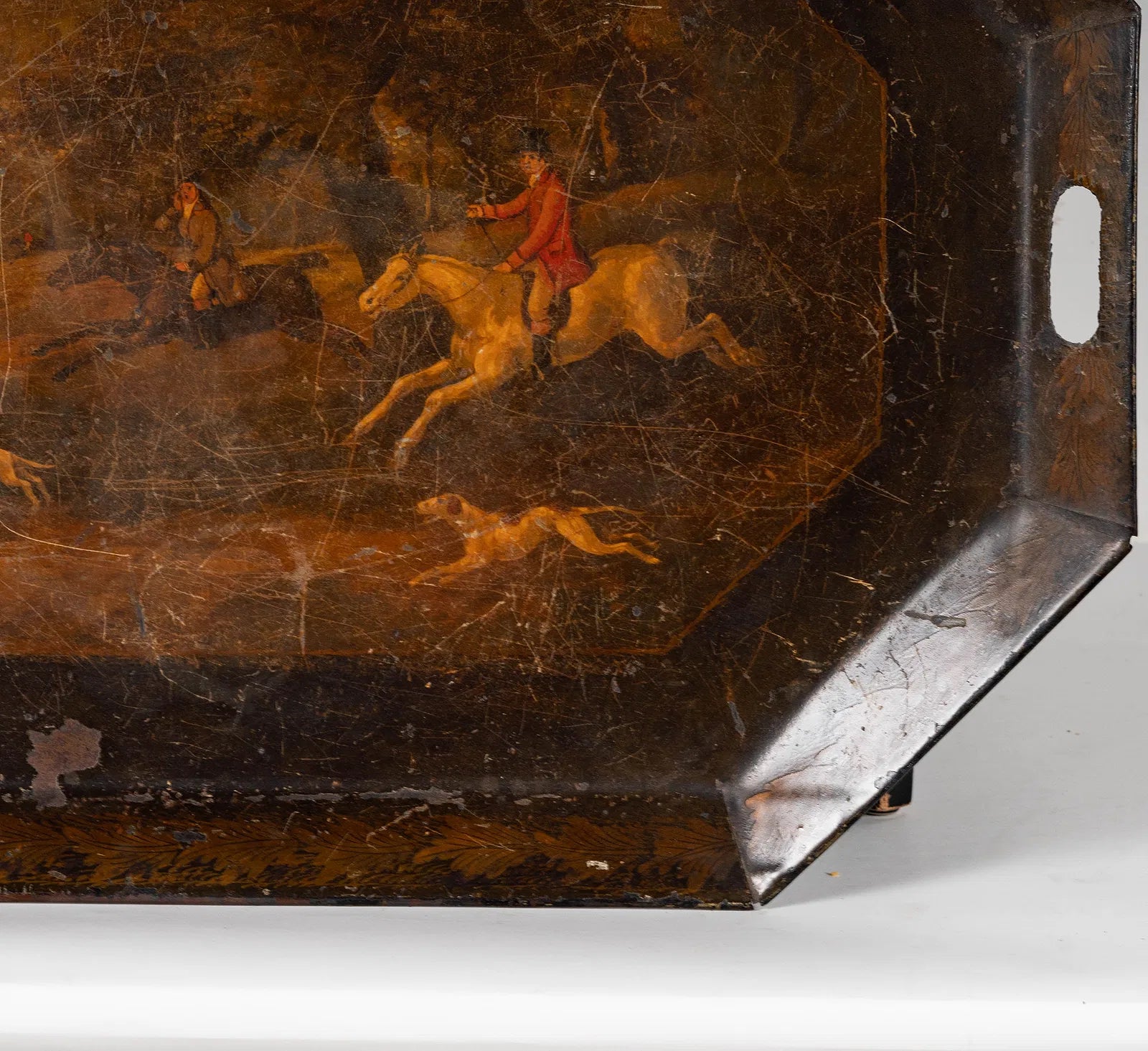 AF1-183: Antique English Tole Tray Table With Hand Painted Fox Hunt Scene Early 19th Century