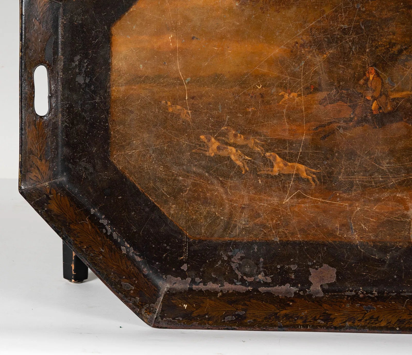 AF1-183: Antique English Tole Tray Table With Hand Painted Fox Hunt Scene Early 19th Century