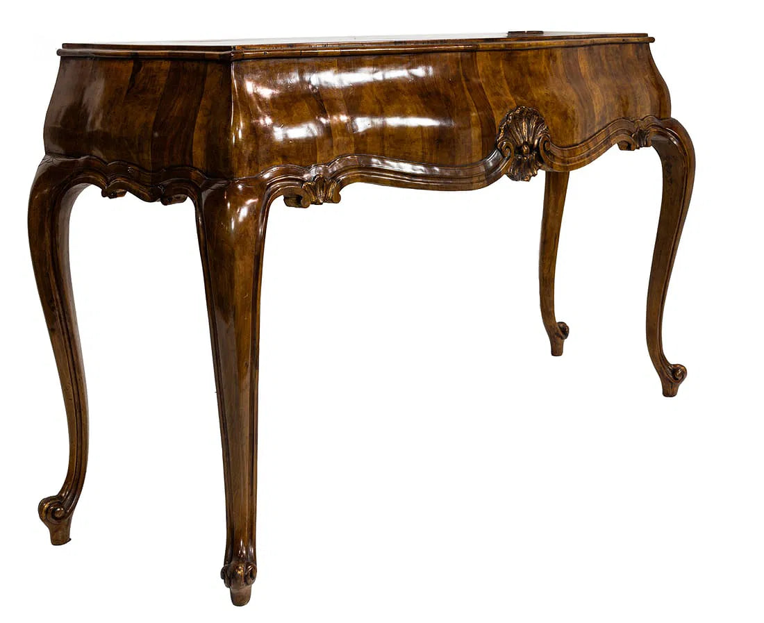 AF1-289: Antique French Rococo Revival Parquetry Inlaid and Parcel Gilt Console Table Mid 19th Century