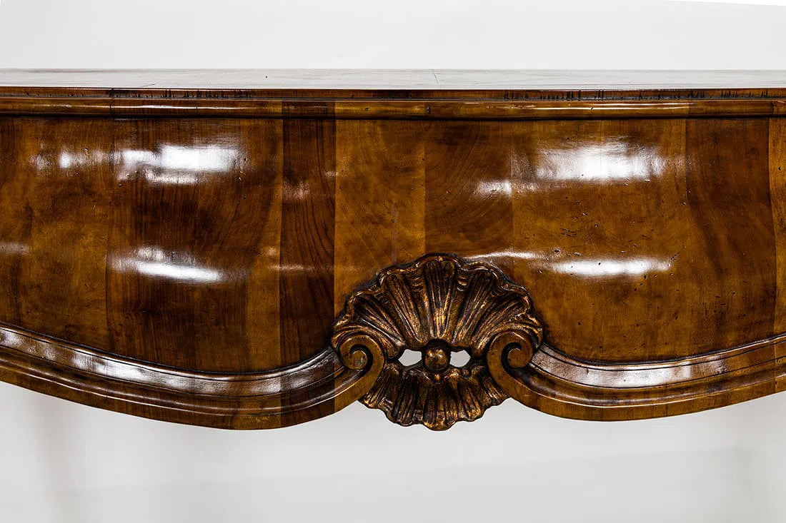 AF1-289: Antique French Rococo Revival Parquetry Inlaid and Parcel Gilt Console Table Mid 19th Century