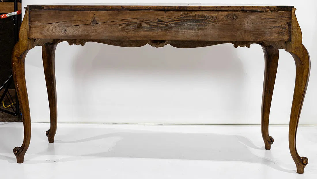 AF1-289: Antique French Rococo Revival Parquetry Inlaid and Parcel Gilt Console Table Mid 19th Century