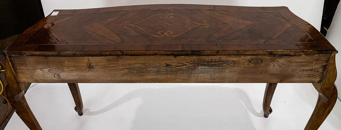 AF1-289: Antique French Rococo Revival Parquetry Inlaid and Parcel Gilt Console Table Mid 19th Century
