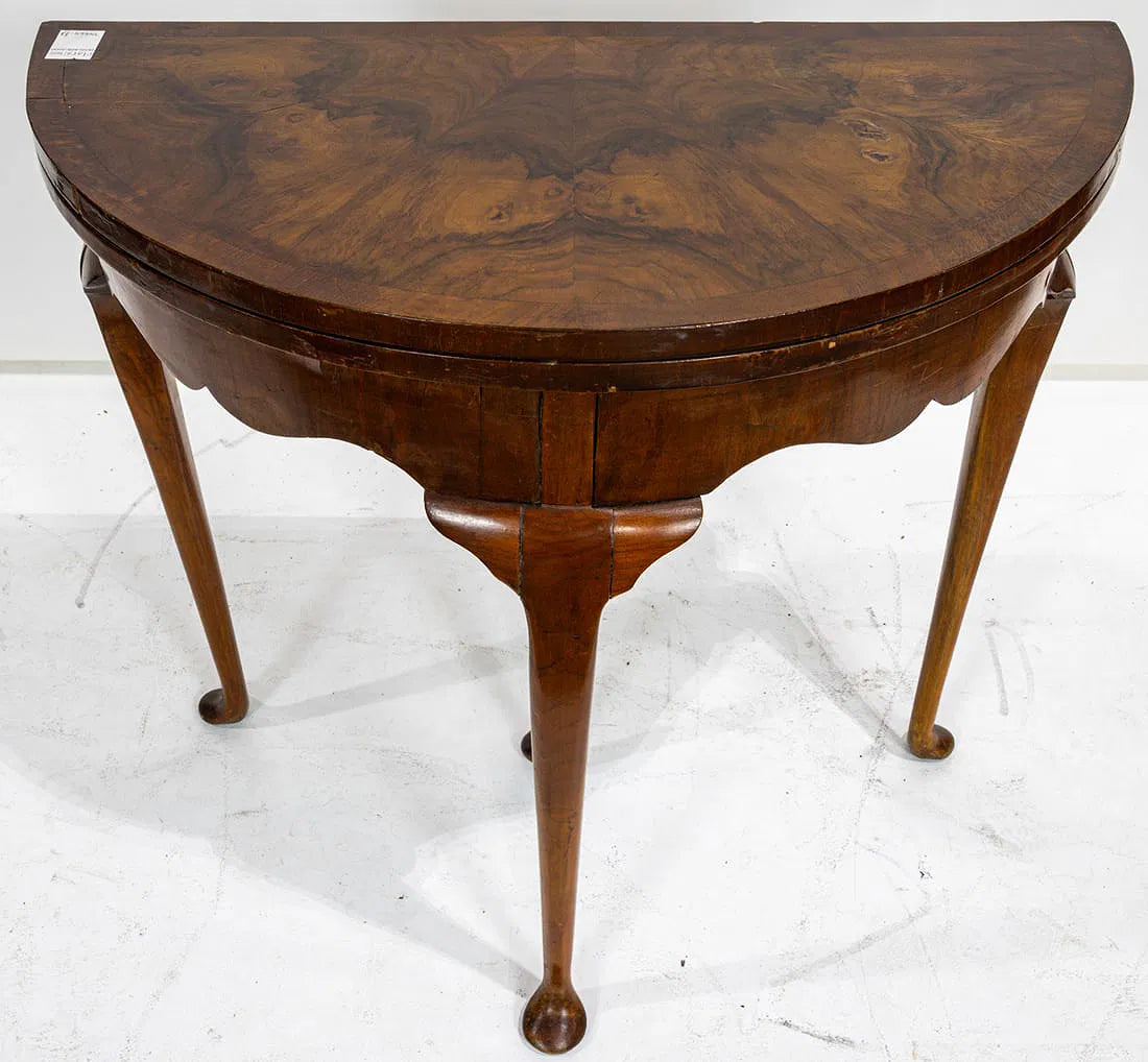 AF1-291: Antique English Georgian Walnut Demi-lune Fold Over Game Table Late 18th Century