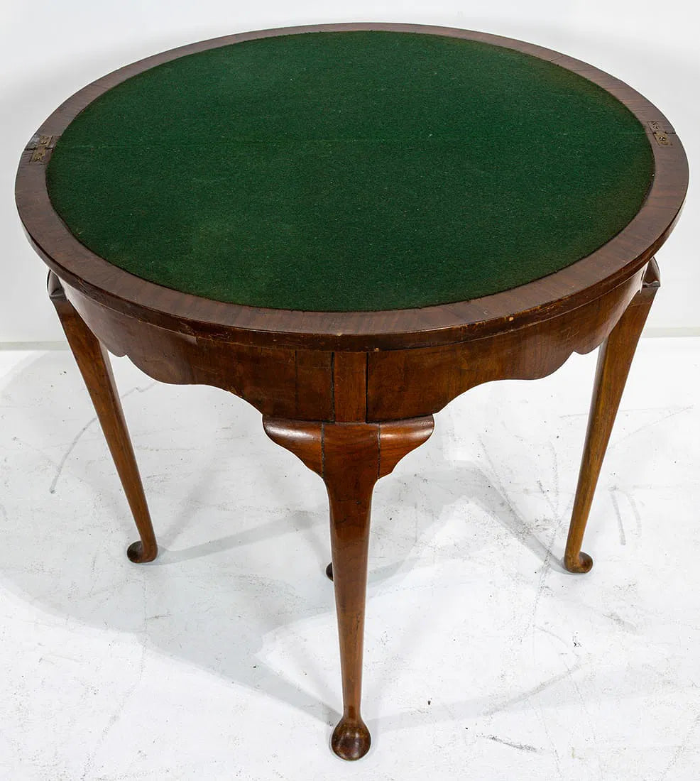 AF1-291: Antique English Georgian Walnut Demi-lune Fold Over Game Table Late 18th Century