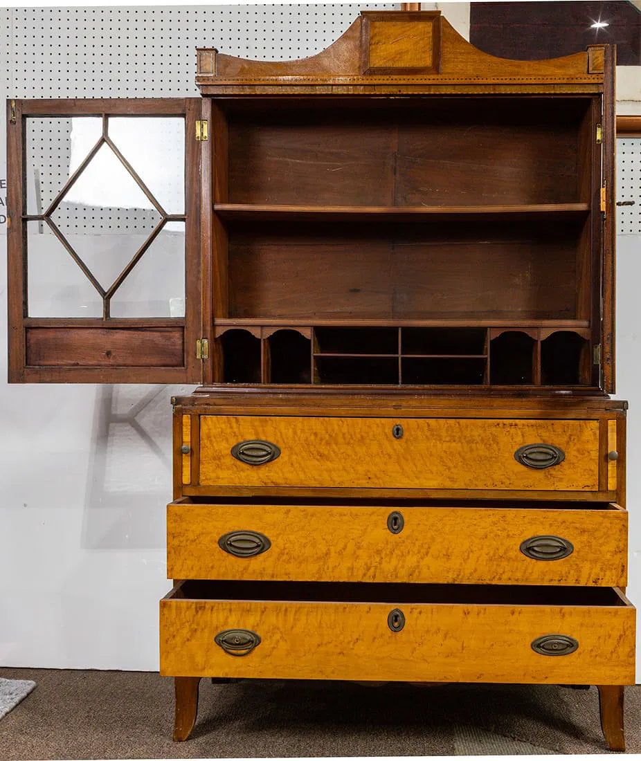 AF5-054: Antique American Federal Bow Front Birdseye Maple Secretary Circa 1810