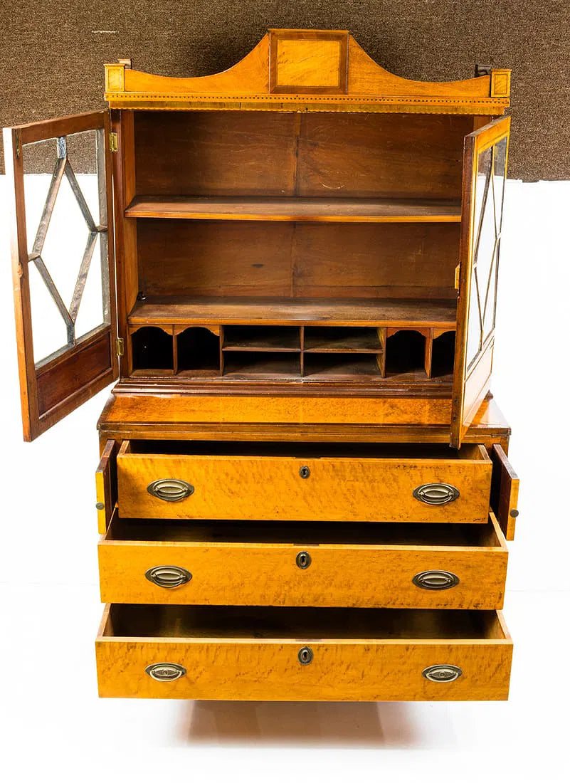 AF5-054: Antique American Federal Bow Front Birdseye Maple Secretary Circa 1810