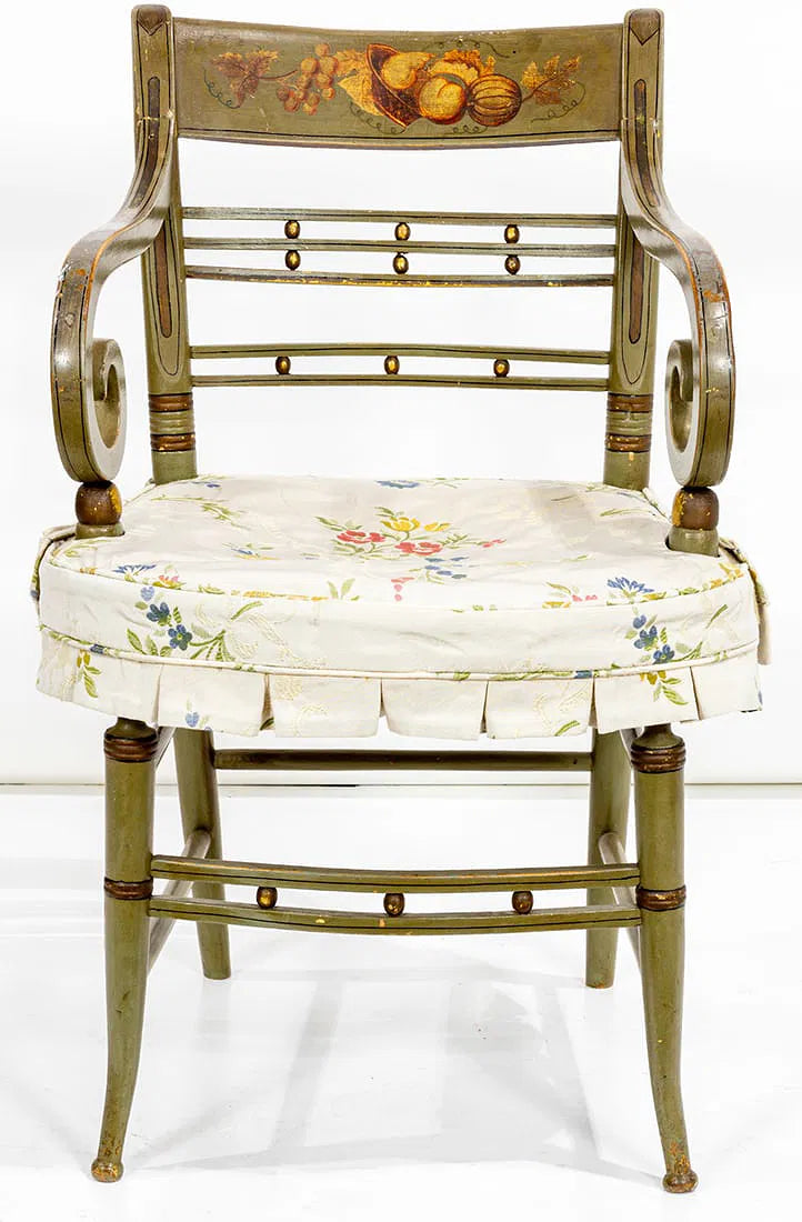AF2-310: Antique American Federal Scrolled Arm Chair With Paint Decoration Circa 1810