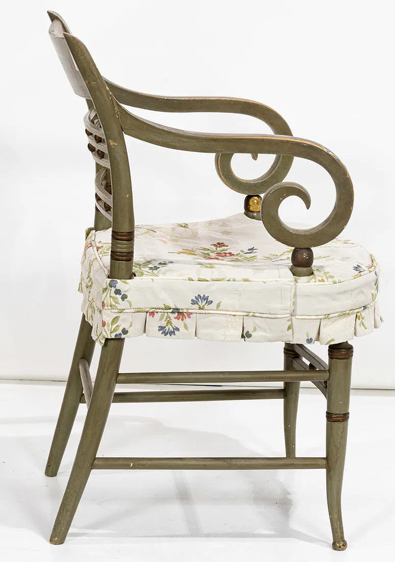 AF2-310: Antique American Federal Scrolled Arm Chair With Paint Decoration Circa 1810